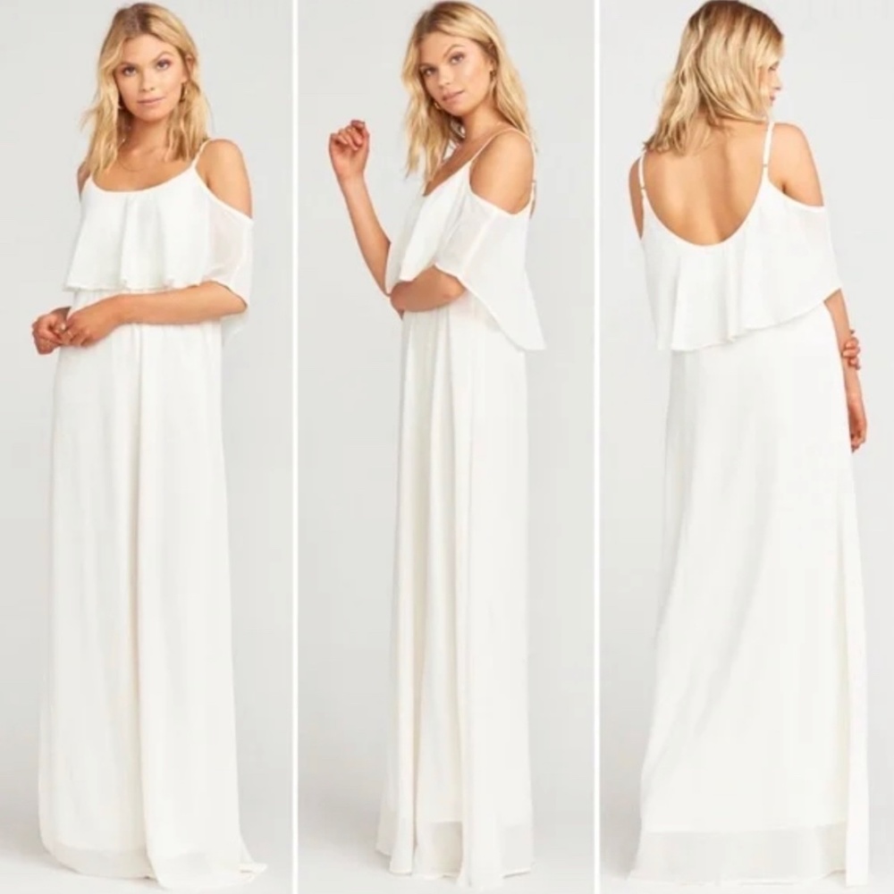 Show Me Your Mumu Caitlin Ruffle Maxi Dress in Wedding Cake Chiffon Large NEW